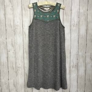 THML Gray Aqua Embroidered Sleeveless Boho Lined Lightweight Mini Tunic Dress